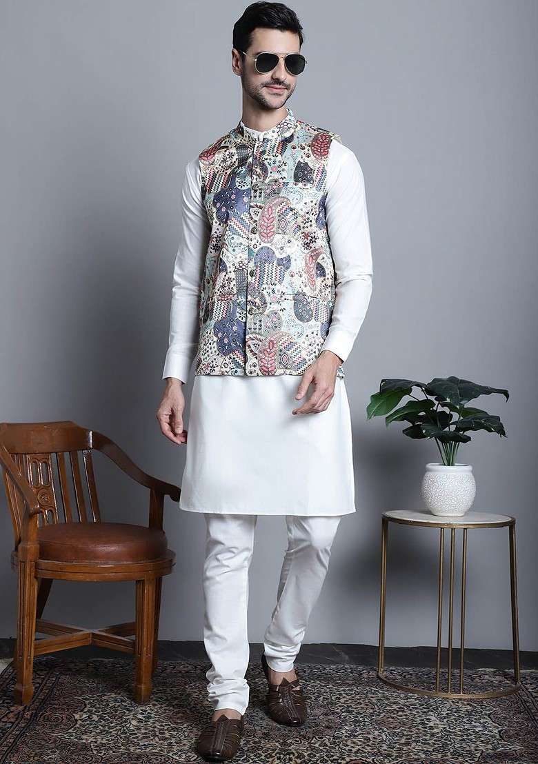 Blue Printed Poly Blend Nehru Jacket For Men - Indya