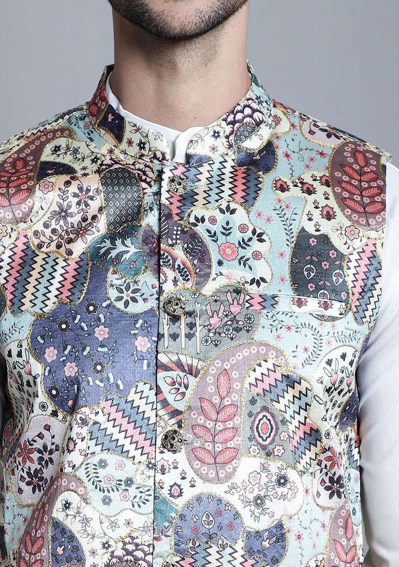 Blue Printed Poly Blend Nehru Jacket For Men - Indya