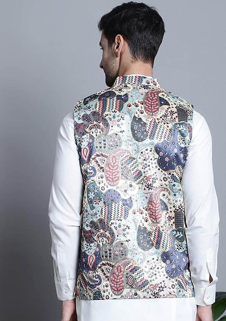 Blue Printed Poly Blend Nehru Jacket For Men