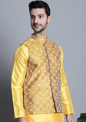 Mustard Yellow Woven Design Poly Blend Nehru Jacket For Men