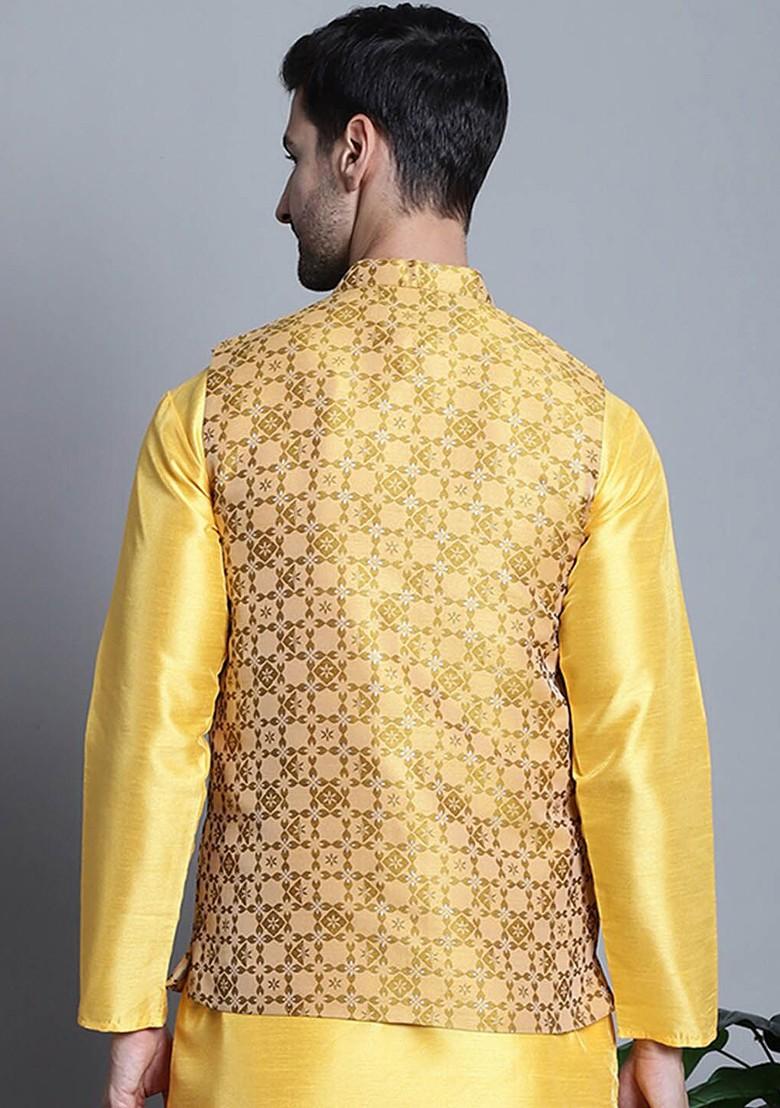Mustard Yellow Woven Design Poly Blend Nehru Jacket For Men