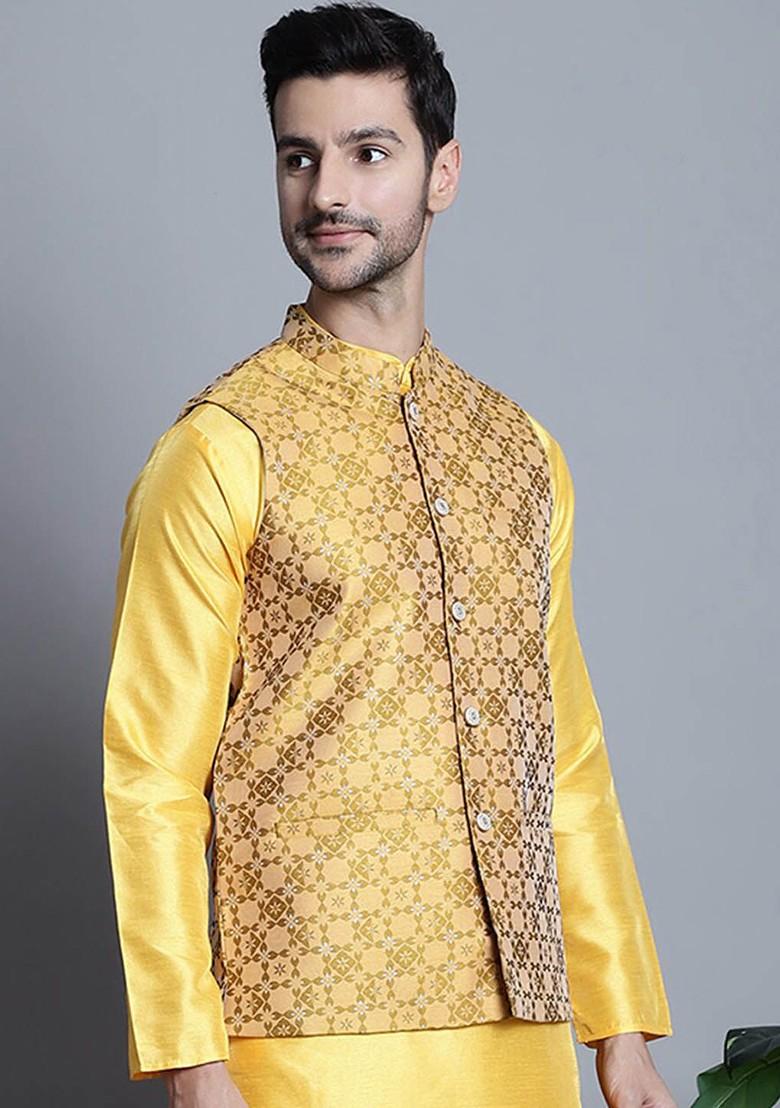 Mustard Yellow Woven Design Poly Blend Nehru Jacket For Men