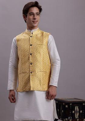 Gold Woven Design Poly Blend Nehru Jacket For Men