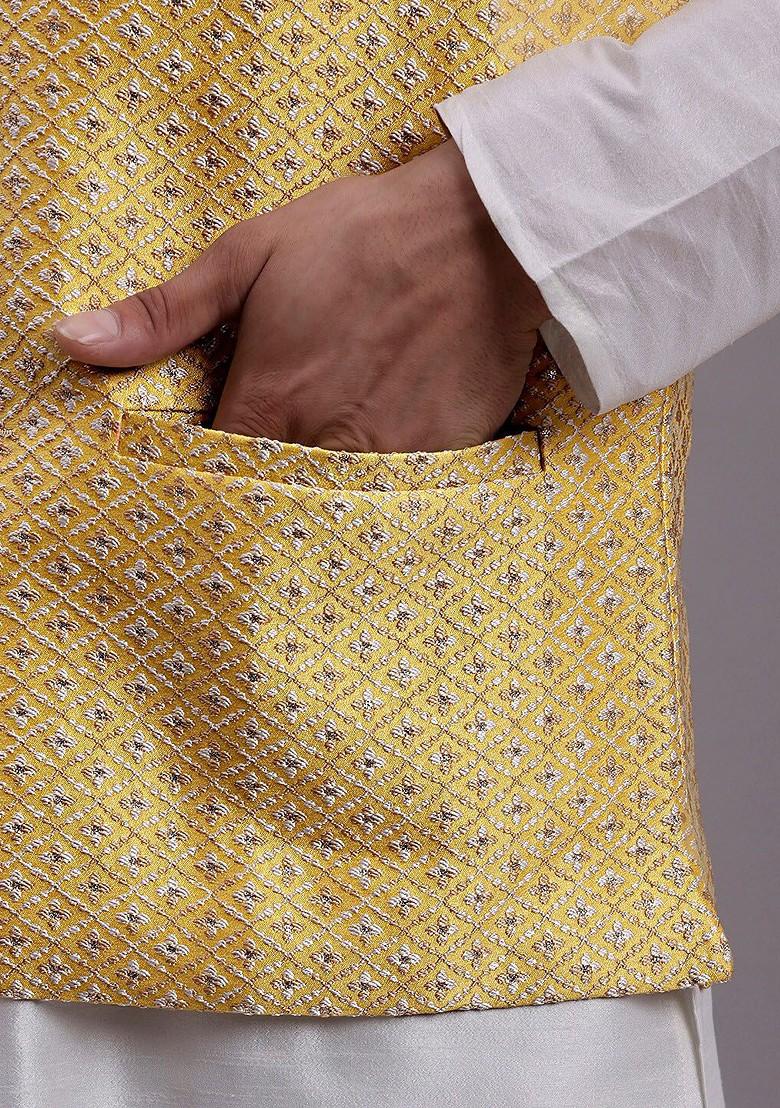 Gold Woven Design Poly Blend Nehru Jacket For Men