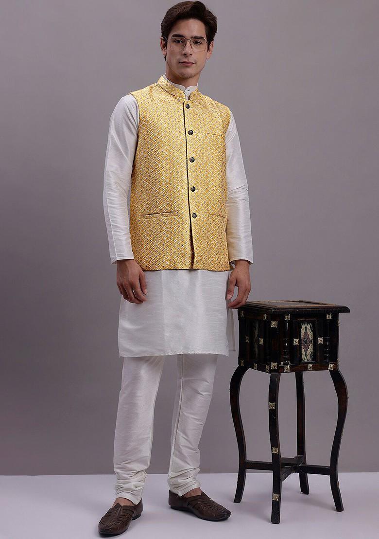 Gold Woven Design Poly Blend Nehru Jacket For Men