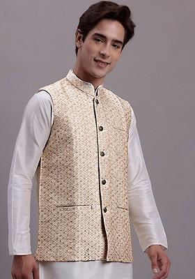 Cream Woven Design Poly Blend Nehru Jacket For Men