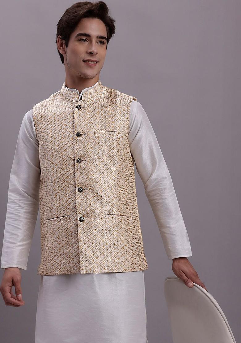 Cream Woven Design Poly Blend Nehru Jacket For Men