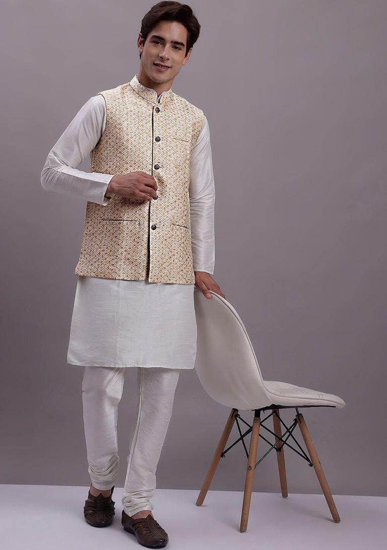 Cream Woven Design Poly Blend Nehru Jacket For Men