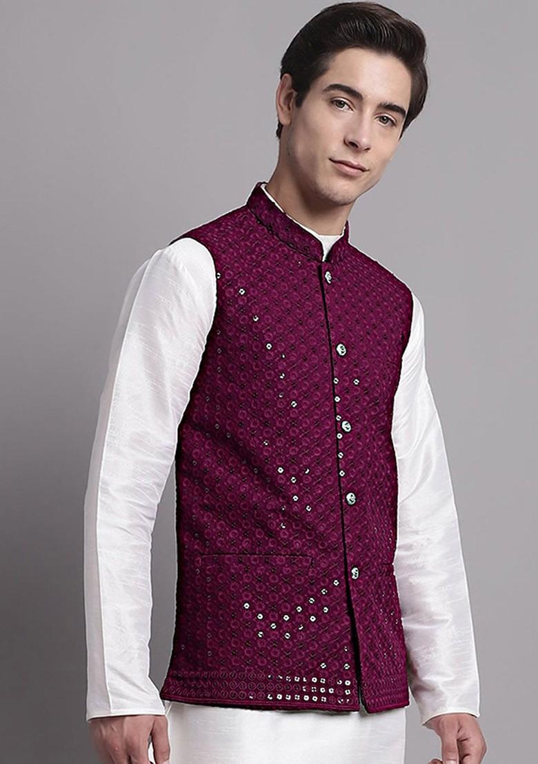 Purple Embroidered Poly Blend Nehru Jacket For Men