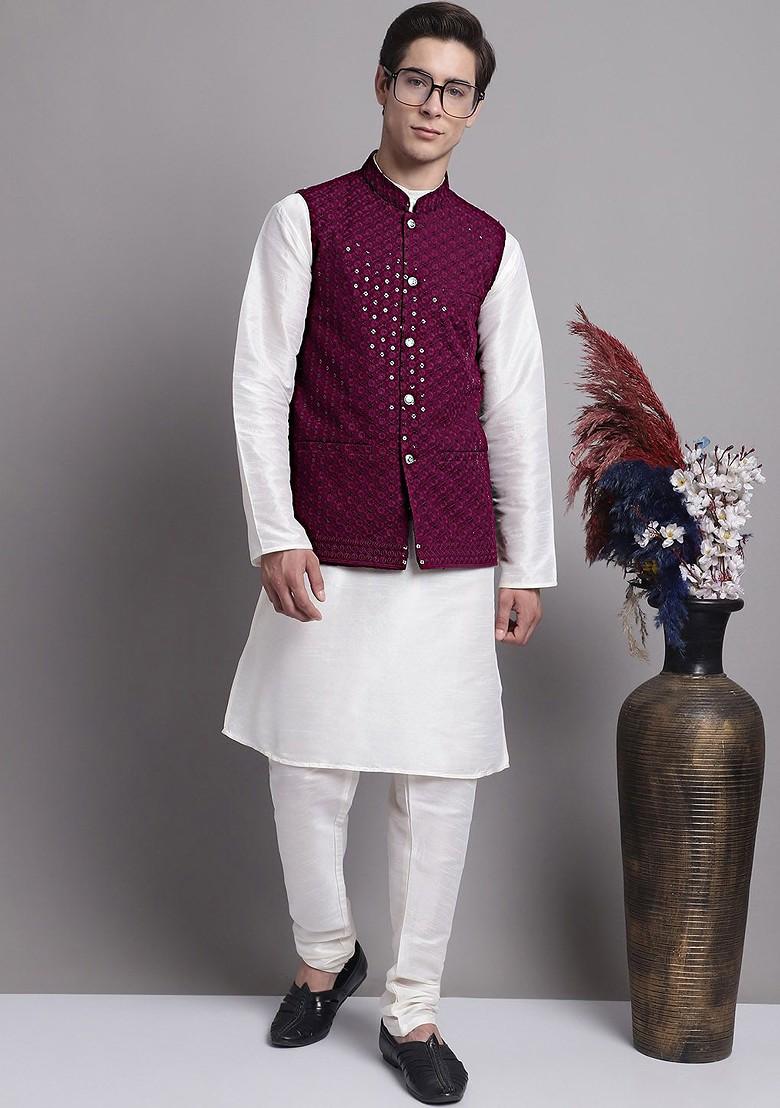 Purple Embroidered Poly Blend Nehru Jacket For Men