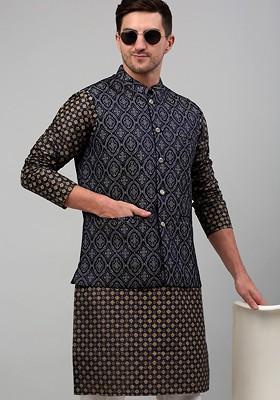 Navy Blue Woven Design Poly Blend Nehru Jacket For Men