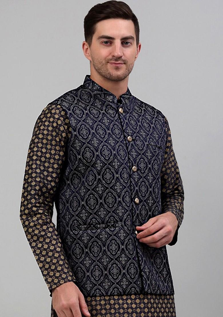 Navy Blue Woven Design Poly Blend Nehru Jacket For Men