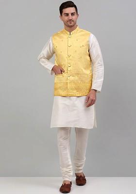 Yellow Embroidered Poly Blend Nehru Jacket For Men