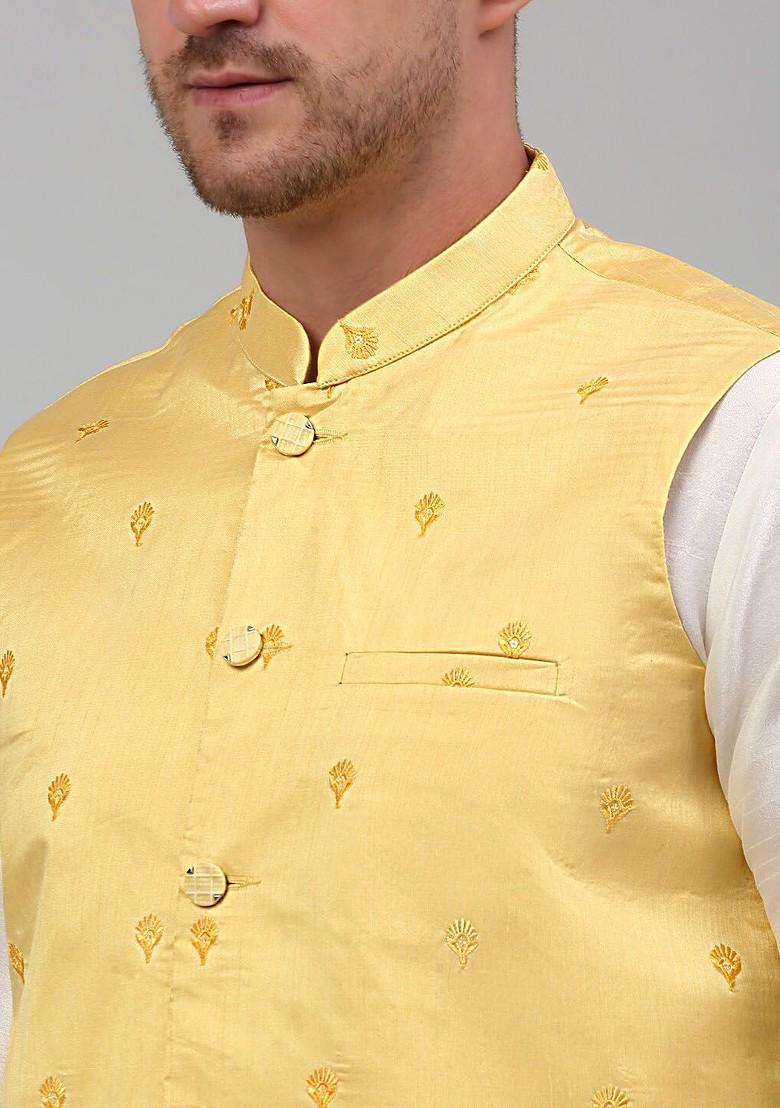 Yellow Embroidered Poly Blend Nehru Jacket For Men