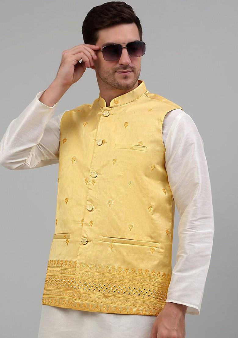 Yellow Embroidered Poly Blend Nehru Jacket For Men