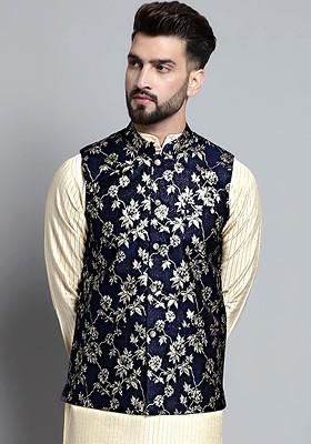 Navy Blue Woven Design Poly Blend Nehru Jacket For Men