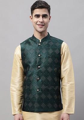 Olive Woven Design Poly Blend Nehru Jacket For Men