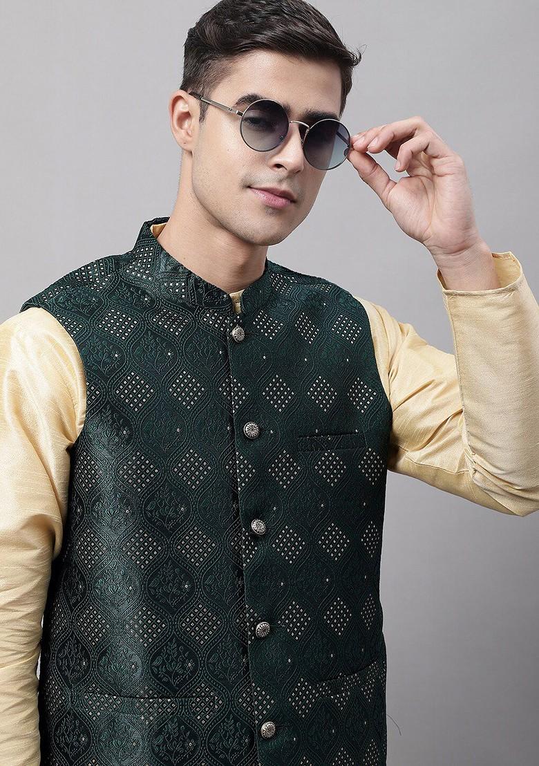 Olive Woven Design Poly Blend Nehru Jacket For Men