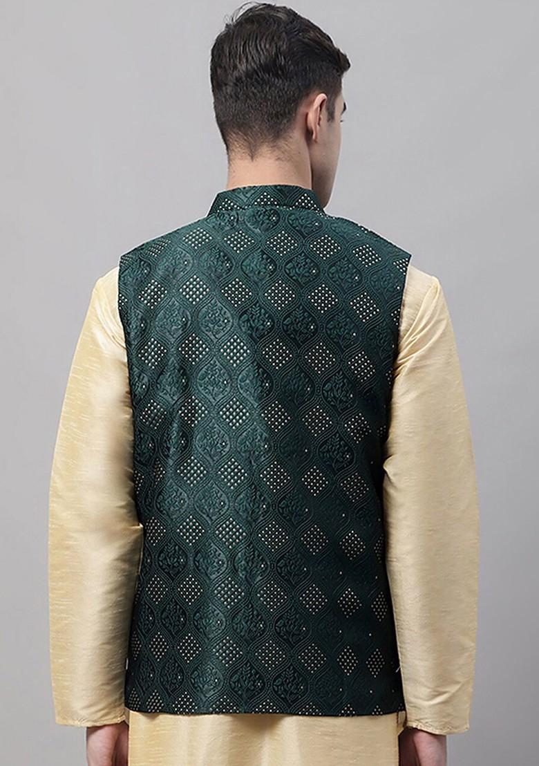 Olive Woven Design Poly Blend Nehru Jacket For Men