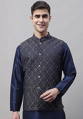 Navy Blue Woven Design Poly Blend Nehru Jacket For Men