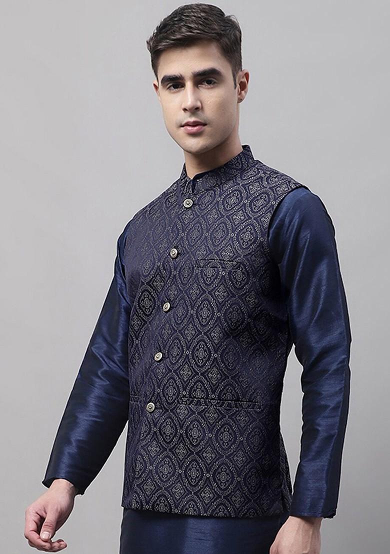 Navy Blue Woven Design Poly Blend Nehru Jacket For Men