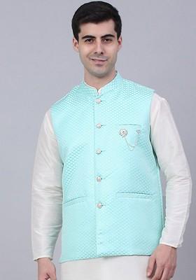 Turquoise Blue Woven Design Poly Blend Nehru Jacket For Men