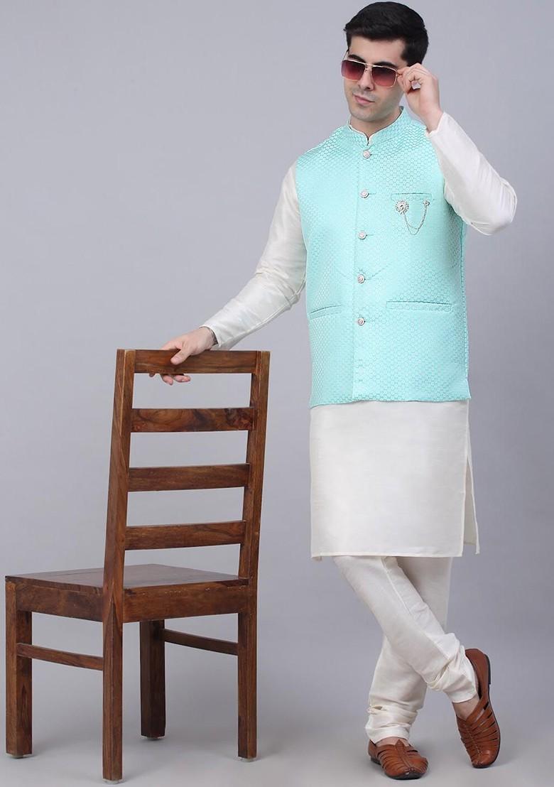 Turquoise Blue Woven Design Poly Blend Nehru Jacket For Men
