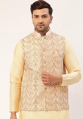 Pink Embroidered Poly Blend Nehru Jacket For Men
