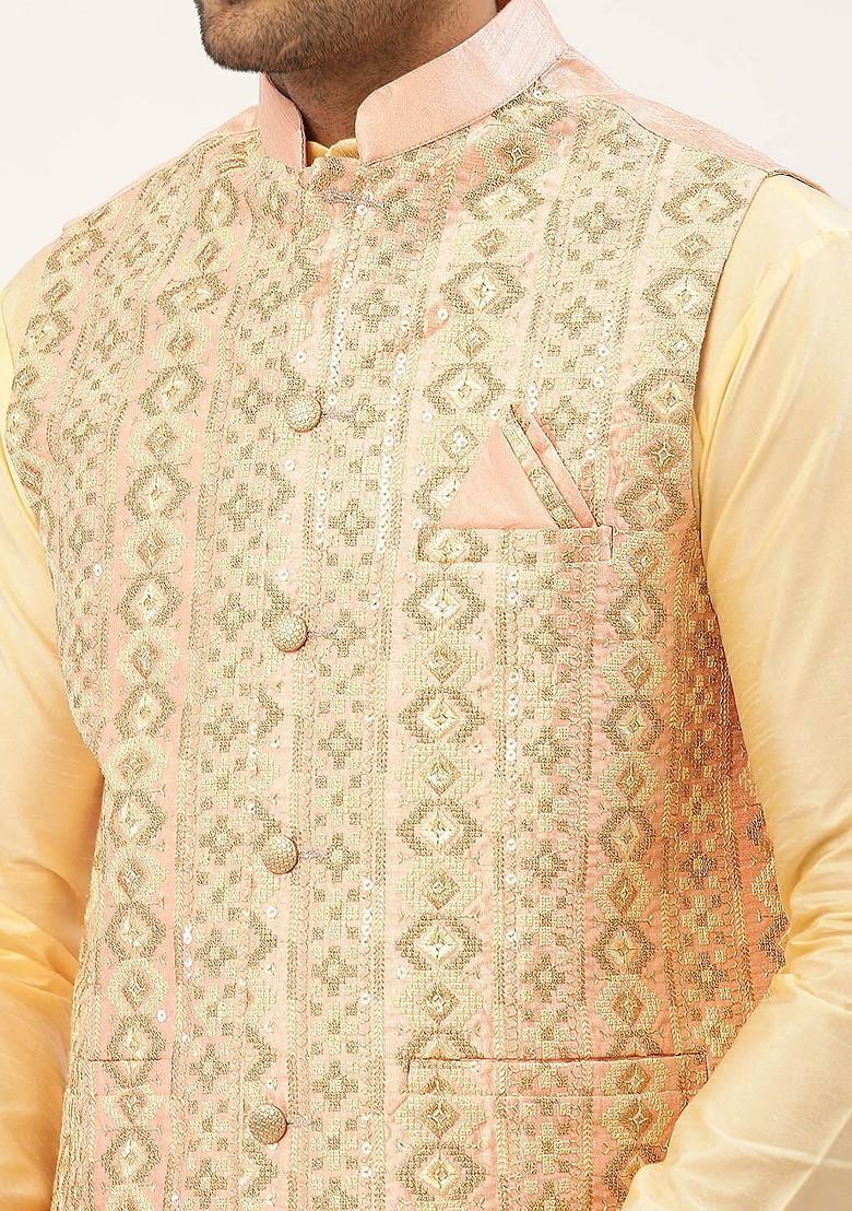 Pink Embroidered Poly Blend Nehru Jacket For Men