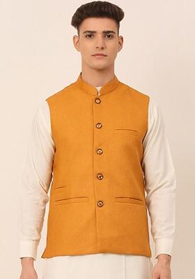 Mustard Yellow Woven Design Poly Blend Nehru Jacket For Men