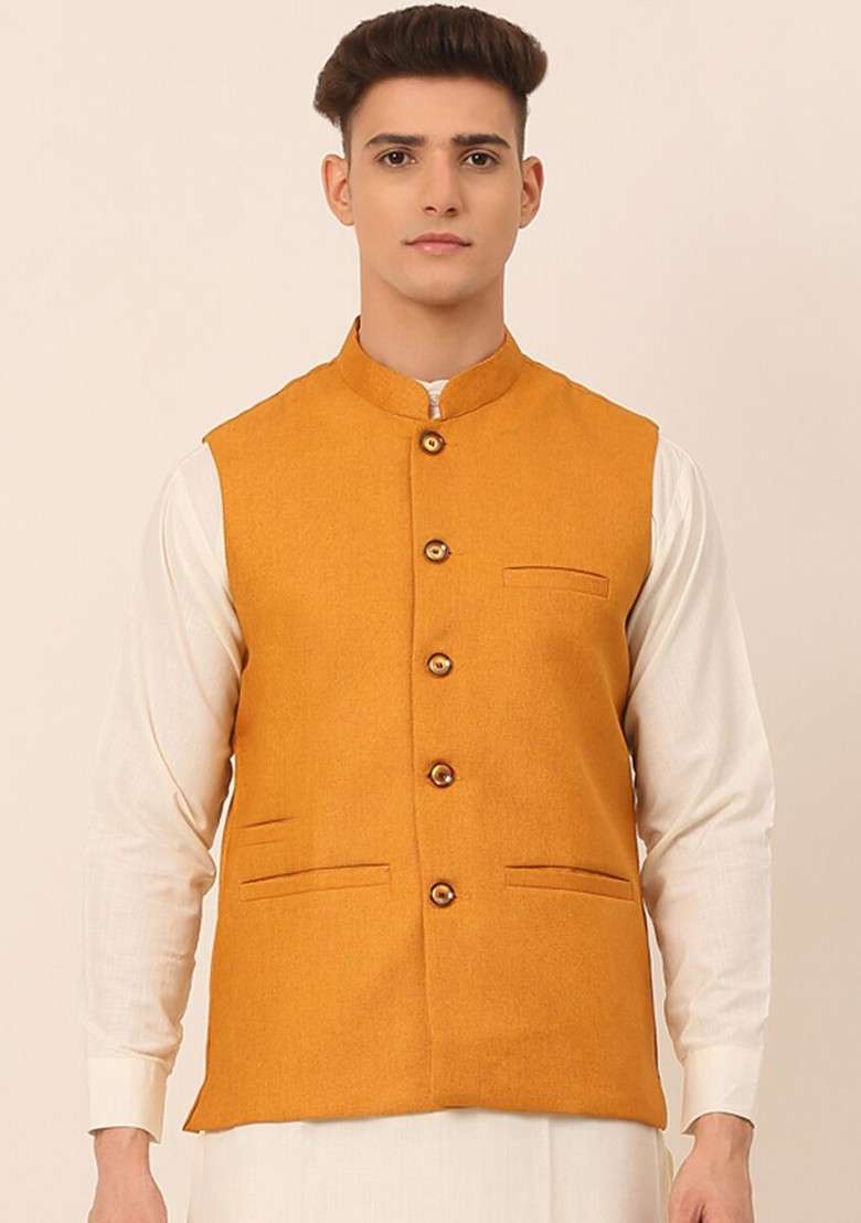 Mustard Yellow Woven Design Poly Blend Nehru Jacket For Men - Indya