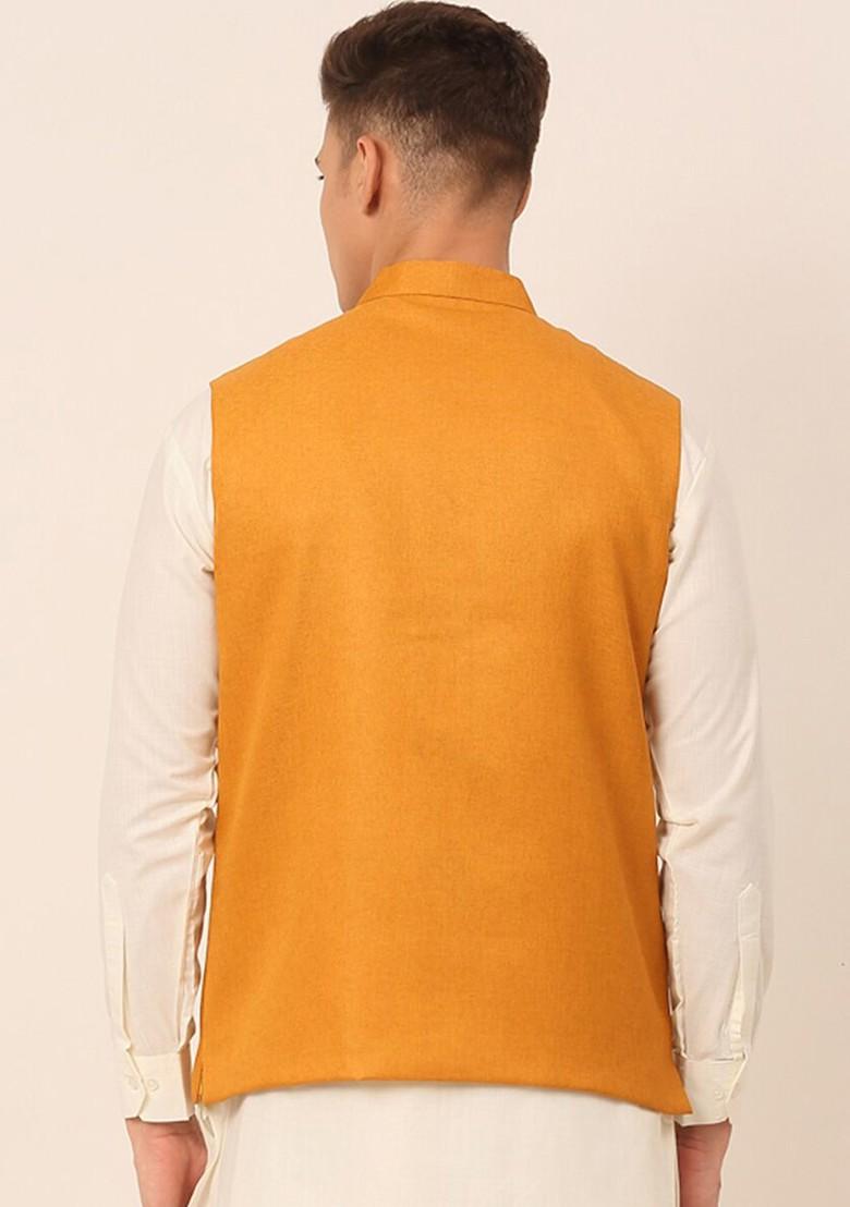 Mustard Yellow Woven Design Poly Blend Nehru Jacket For Men