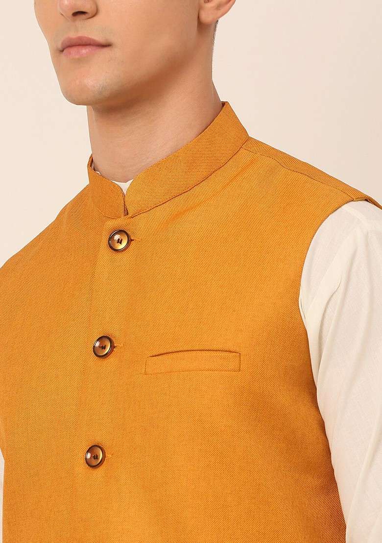 Mustard Yellow Woven Design Poly Blend Nehru Jacket For Men - Indya