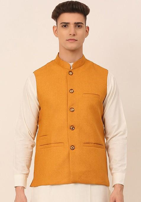 Mustard Yellow Woven Design Poly Blend Nehru Jacket For Men — view on Indya