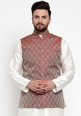 Maroon Woven Design Poly Blend Nehru Jacket For Men