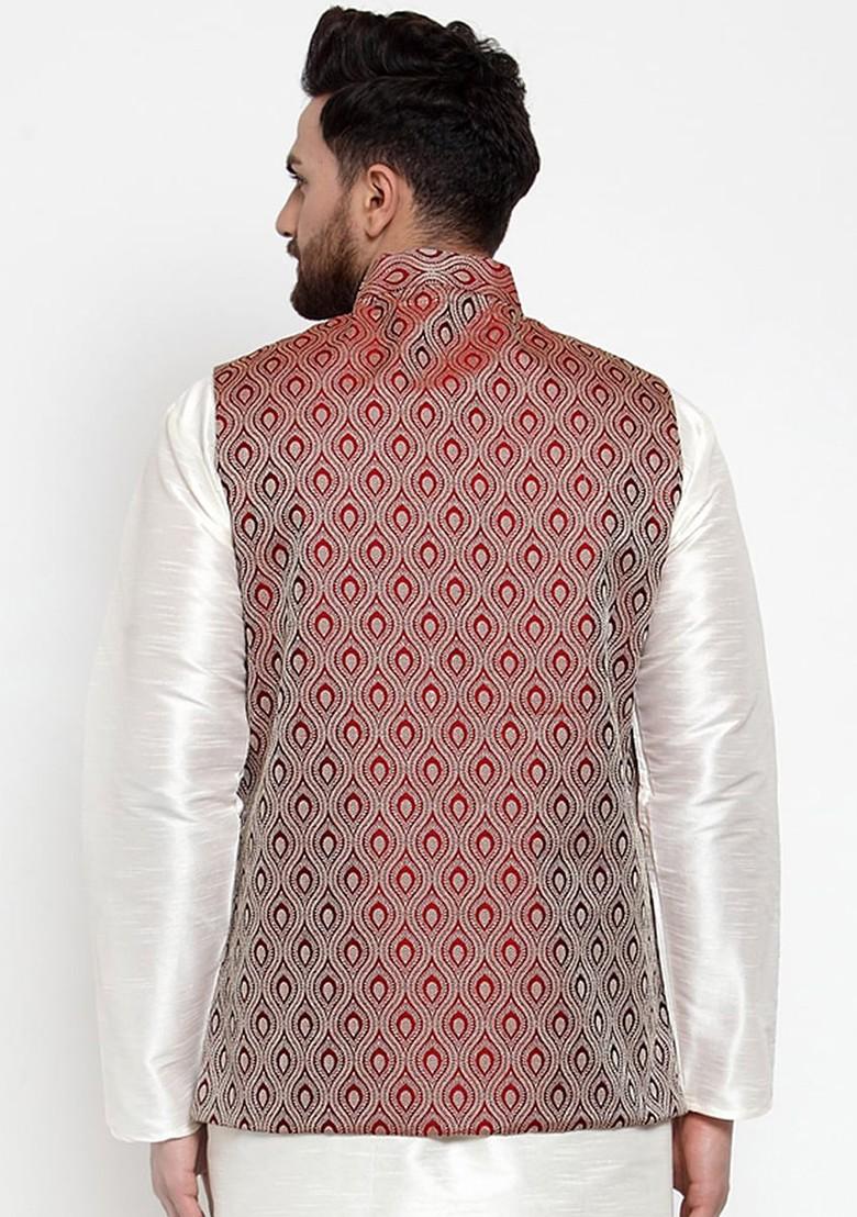 Maroon Woven Design Poly Blend Nehru Jacket For Men