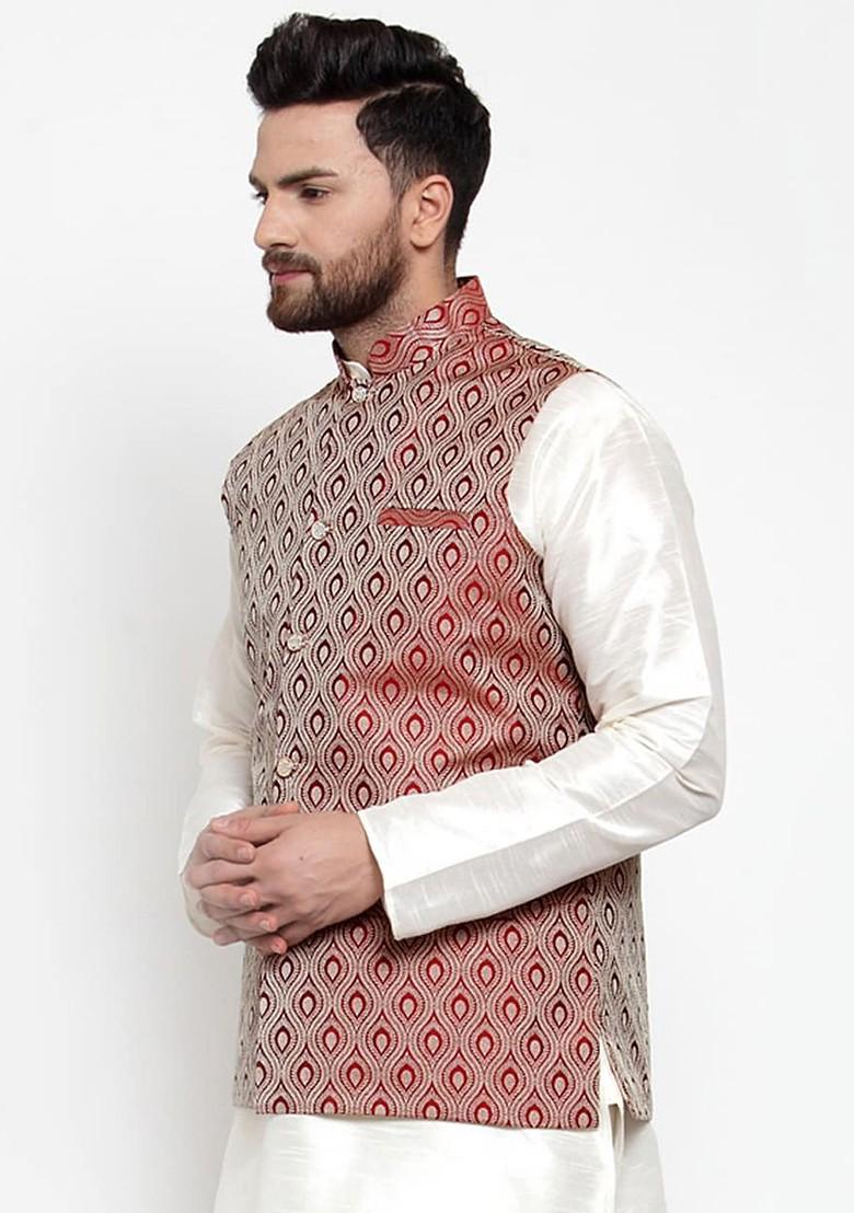Maroon Woven Design Poly Blend Nehru Jacket For Men