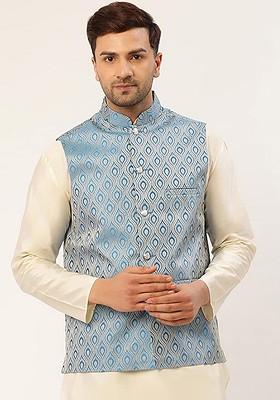 Blue Woven Design Poly Blend Nehru Jacket For Men