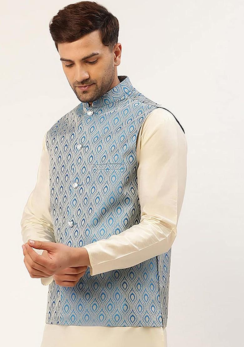 Blue Woven Design Poly Blend Nehru Jacket For Men