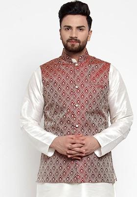 Maroon Woven Design Poly Blend Nehru Jacket For Men