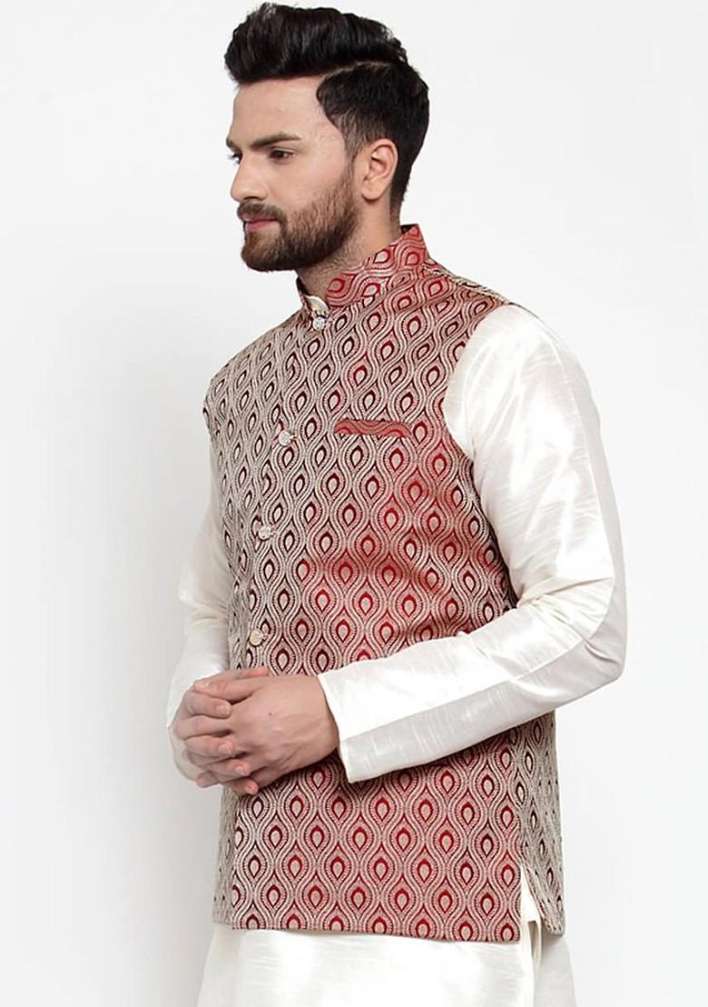 Maroon Woven Design Poly Blend Nehru Jacket For Men