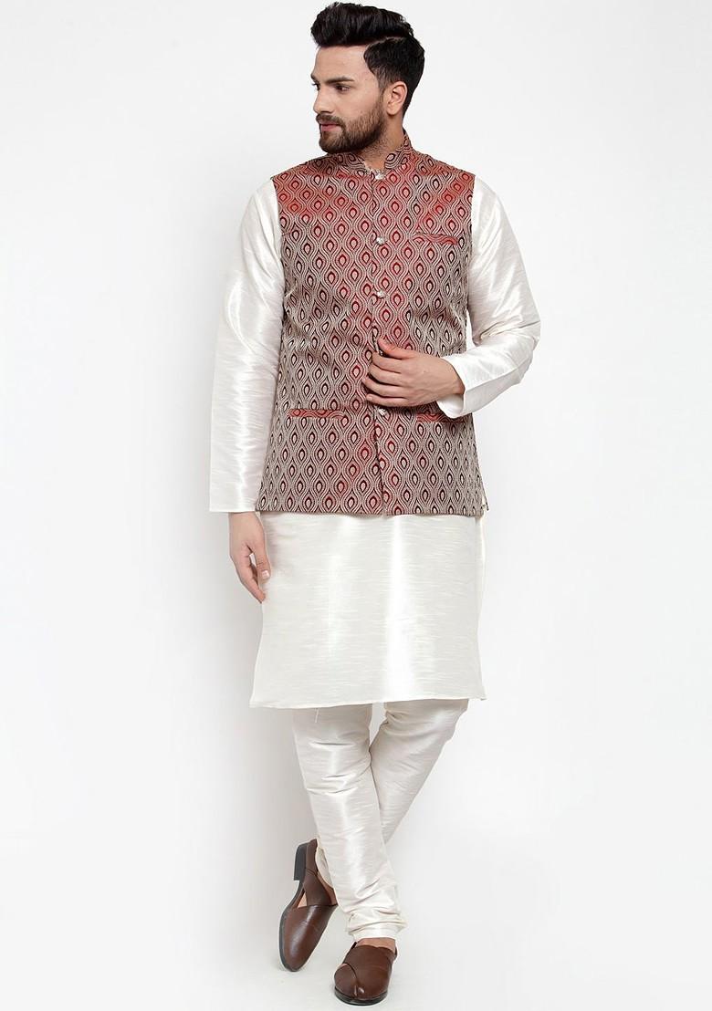 Maroon Woven Design Poly Blend Nehru Jacket For Men