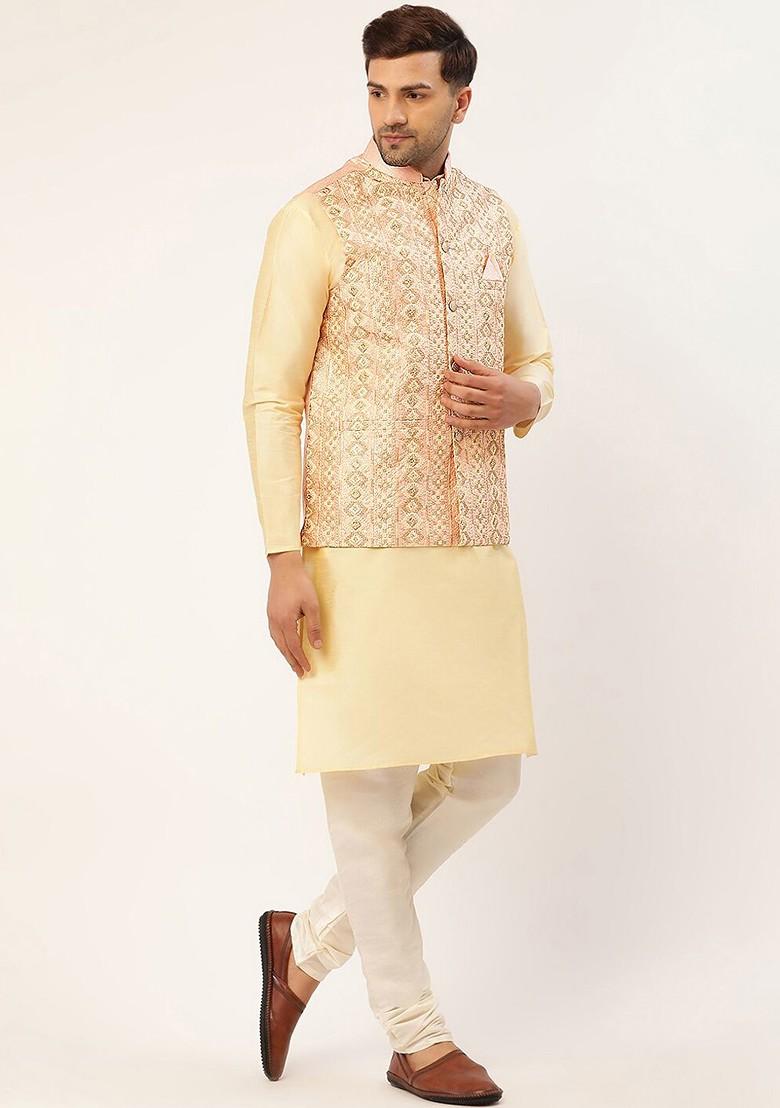 Rose Gold Embroidered Poly Blend Nehru Jacket For Men