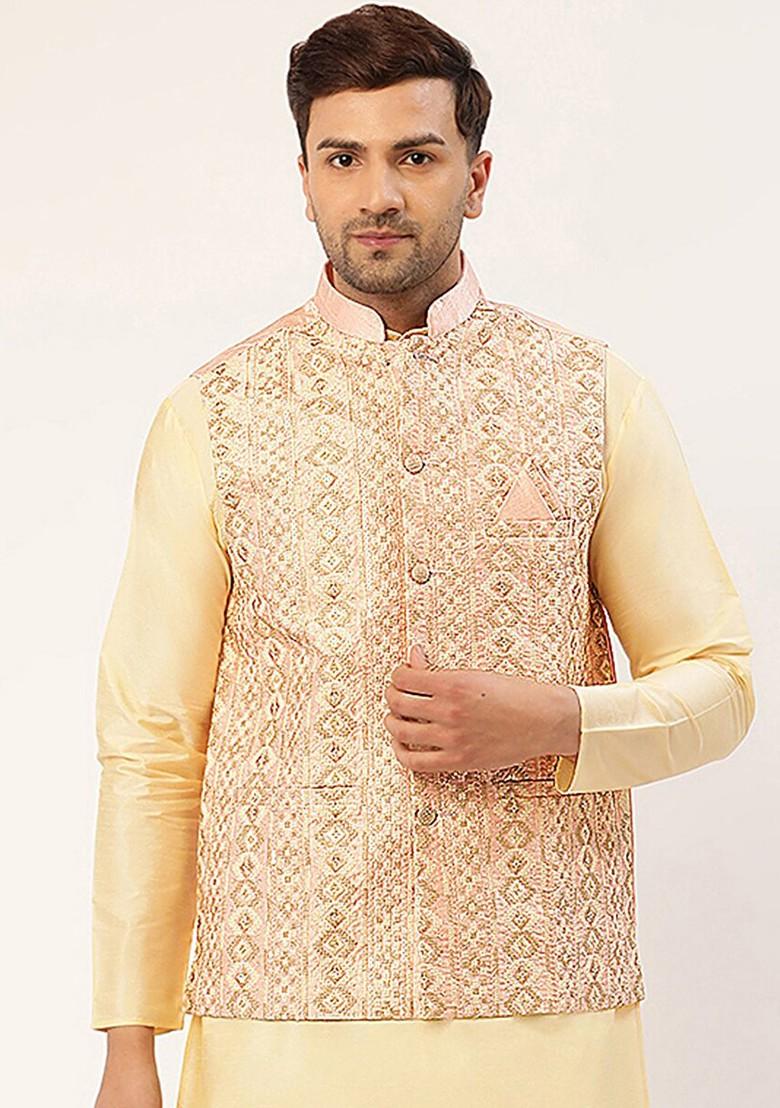 Rose Gold Embroidered Poly Blend Nehru Jacket For Men