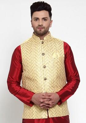 Yellow Embroidered Poly Blend Nehru Jacket For Men