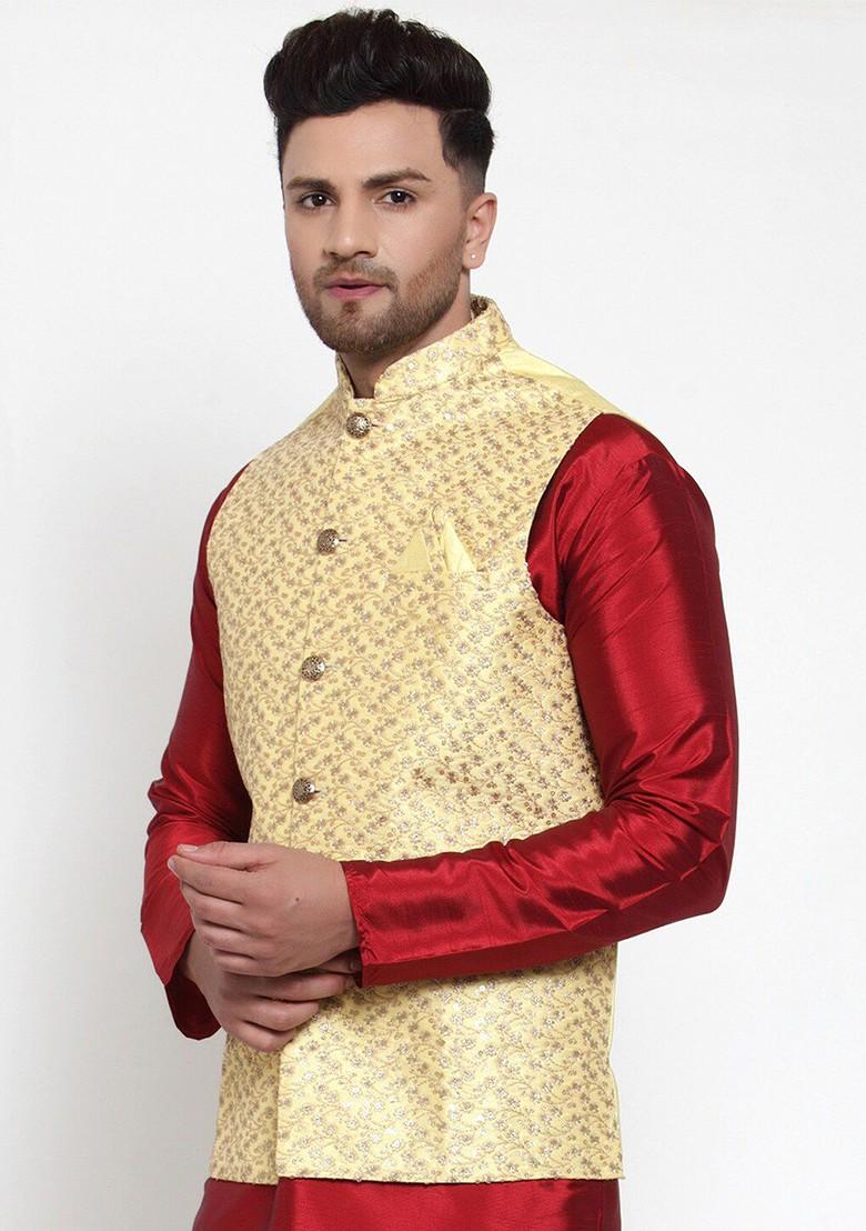 Yellow Embroidered Poly Blend Nehru Jacket For Men
