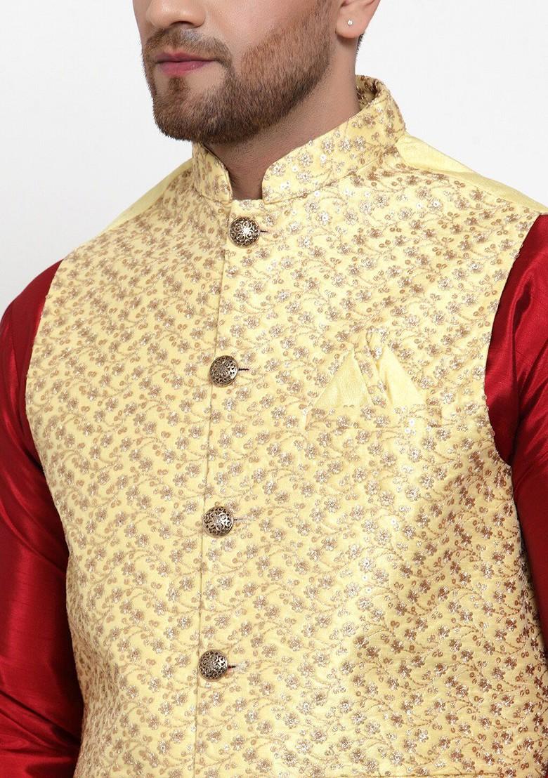 Yellow Embroidered Poly Blend Nehru Jacket For Men