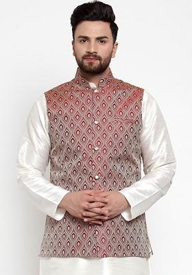 Maroon Woven Design Poly Blend Nehru Jacket For Men
