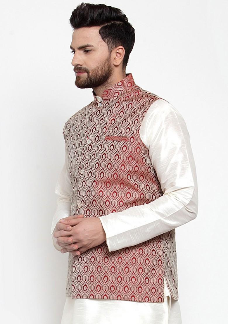 Maroon Woven Design Poly Blend Nehru Jacket For Men