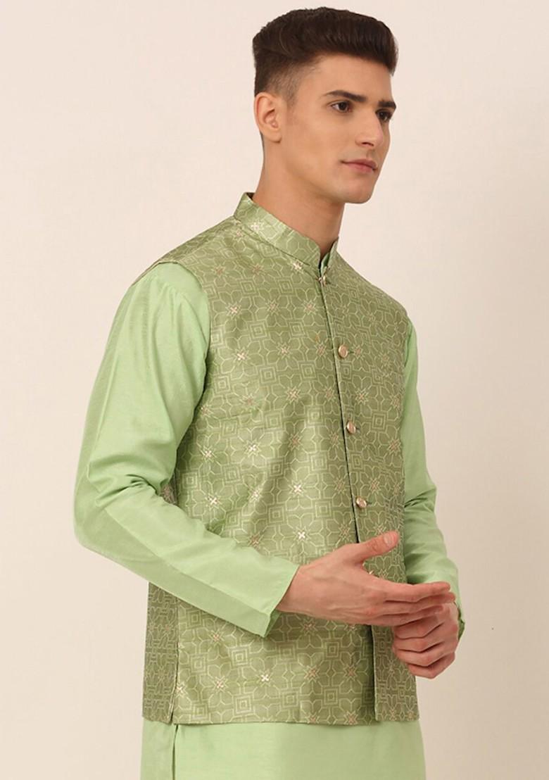 Green Woven Design Poly Blend Nehru Jacket For Men